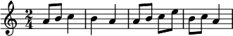 \relative c''{ \set Staff.midiInstrument = #"oboe" \clef treble \numericTimeSignature \time 2/4 \set Score.tempoHideNote = ##t \tempo 4 = 120 a8 b8 c4 b4 a4 a8 b8 c8 e8 b8 c8 a4 }
