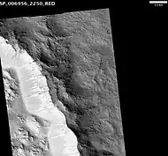 Impact Crater on Northern edge of Alba Patera, as seen by HiRISE.  Scale bar is 1&nbsp;km long.