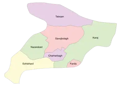 Location of Chaharbagh County in&nbsp;Alborz&nbsp;province (bottom, purple)
