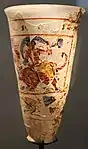 Goblet showing The Rape of Europa and of Ganymede, part of the Bagram Treasure; 1st century AD; painted glass; height: 16&nbsp;cm, diameter: 10&nbsp;cm; Guimet Museum (Paris)