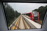 The four-car train sets of the Capital Airport Express have linear motors of instead of rotary motors. Capital Airport Express trains draw 750V DC power from the third rail, and are propelled using the aluminum strip, a "fourth rail", between the main track. Capital Airport Express trains sets are lighter than subway cars with rotary motors and can reach a top speed of 110&nbsp;km/h (68&nbsp;mph).
