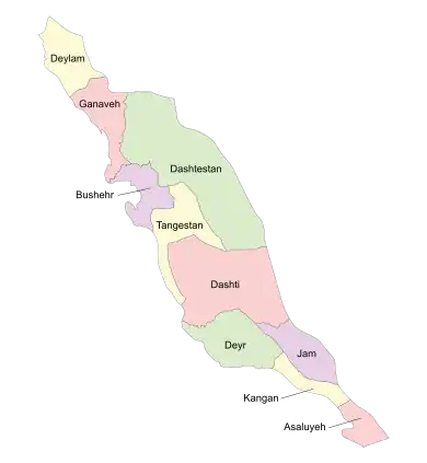 Location of Jam County in Bushehr province (bottom, purple)