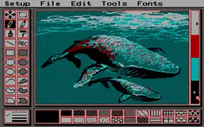 PCPaint in 320&nbsp;×&nbsp;200 3rd palette low intensity, showing a typical low resolution interface. Note the use of dithering to overcome the CGA palette limitations