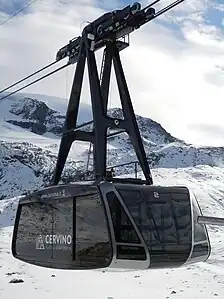 Testa Grigia aerial tramway in Cervinia, Italy, moves skiers to 3480&nbsp;m glacier.