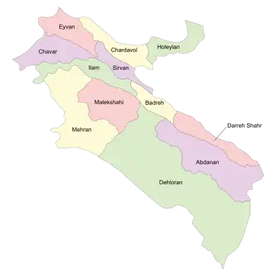 Location of Mehran County in&nbsp;Ilam&nbsp;province (left, yellow)
