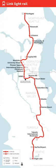 A map depicting the route of the 1&nbsp;Line through Seattle, with stations marked and labeled.