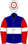 Navy blue, white hoop, armlets and cap, red hoop and sleeves