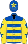 Royal blue and yellow hoops, yellow sleeves, royal blue stars, royal blue cap, yellow star
