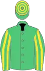 Emerald green, yellow striped sleeves, hooped cap