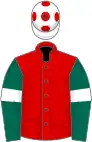 Red, dark green sleeves, white armlets, white cap, red spots