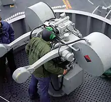 A late Cold War era U.S. Navy Mark&nbsp;115 Sea Sparrow fire control system director on board a Nimitz-class aircraft carrier.