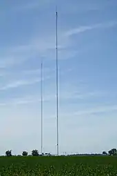 The 411.8-meter (1,351.0 ft) tall WBUI tower (left tower) near Argenta, Illinois, 2007.