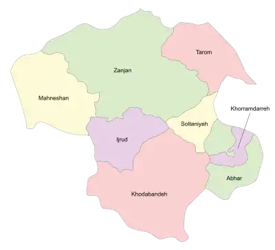 Location of Manehshan County in Zanjan province (left, yellow)