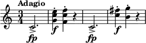 \relative c' {
\tempo "Adagio"
\key c \major
\time 3/4
c2.->\fp | <g' c e>4-.\f <f c' f>-. r | c2.->\fp | <c' fis>4-.\f <b g'>4-. r
}