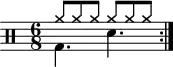 \version "2.22.0"
\header { tagline = ##f}
\score {
\drums \with {midiInstrument = "drums"}
\with { \numericTimeSignature }
{
\repeat volta 2 {
<<
{
\time 6/8
cymra8 cymra cymra cymra cymra cymra
}\\{bd4. sne}
>>\break
}
}
\layout {}
}
\score {
\unfoldRepeats {
\drums \with {midiInstrument = "drums"}{
\repeat volta 2 {
<<
{
\time 6/8
cymra8 cymra cymra cymra cymra cymra
}\\{bd4. sne}
>>\break
}
}
}
\midi { \tempo 4 = 100 }
}
