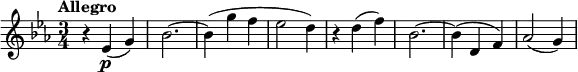 \version "2.14.2"
\relative c' {
\clef "treble"
\tempo "Allegro"
\key ees \major
\time 3/4
\tempo 4 = 120
r4 ees4\p (g)
bes2. ~
bes4 (g' f
ees2 d4)
r4 d4 (f)
bes,2. ~
bes4 (d, f)
aes2 (g4)
}