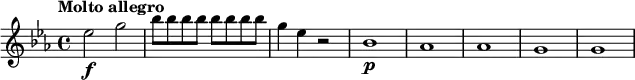 \relative c'' {
\key es \major
\tempo "Molto allegro"
es2\f g |
\repeat unfold 8 { bes8 } |
g4 es r2 |
bes1\p | as | as | g | g |
}