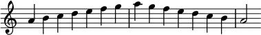 {
\omit Score.TimeSignature \relative c'' {
\time 7/4 a b c d e f g a g f e d c b a2
} }