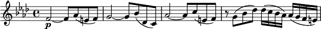 { \tempo 4 = 120 \set Score.tempoHideNote=##t \set Staff.midiInstrument = "violin" \relative f' { \key f \minor \time 4/4
f2~ \p f8 as( e f) | g2~ g8 bes( des, c) | as'2~ as8 c( e, f) | r8 g( bes des) des16( c bes as) as( g f e) }}