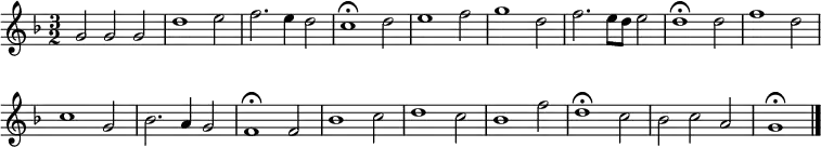 \new Staff <<
\set Staff.midiInstrument = "trumpet"
\override Score.BarNumber #'transparent = ##t
\time 3/2
\key f \major
\relative c'' {
g2 g g | d'1 e2 | f2. e4 d2 | c1\fermata
d2 | e1 f2 | g1 d2 | f2. e8 d e2 | d1\fermata
d2 | f1 d2 | c1 g2 | bes2. a4 g2 | f1\fermata
f2 | bes1 c2 | d1 c2 | bes1 f'2 | d1\fermata
c2 | bes2 c a | g1\fermata \bar "|."
}
>>
\layout { indent = #0 }
\midi { \tempo 2 = 120 }