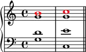 \new PianoStaff <<
\new Staff <<
\new Voice \relative c'' {
\stemUp \clef treble \key c \major \time 4/4
\override NoteHead.color = #red b1 c
}
\new Voice \relative c'' {
\stemDown
g1 g
}
>>
\new Staff <<
\new Voice \relative c' {
\stemUp \clef bass \key c \major \time 4/4
d1 e
}
\new Voice \relative c' {
\stemDown
g1 c, \bar "||"
}
>>
>>