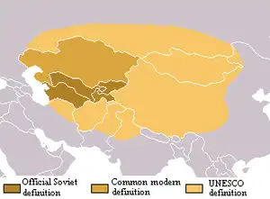 Definitionen von Zentralasien:
Dunkelbraun: veraltet, aus Zeiten der Sowjetunion
Mittelbraun: moderne Definition
Hellbraun: Definition der UNESCO
