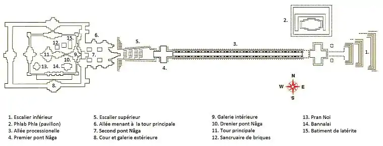 Übersichtsplan der Anlage: 1–untere Treppen; 2–Pavillon; 3–Prozessionsallee; 4–erste Naga-Brücke; 5–obere Treppe; 6–Allee zum zentralen Prang; 7–zweite Naga-Brücke; 8–äußere Galerie und Hof; 9–innere Galerie; 10–dritte Naga-Brücke; 11–zentraler Prang; 12–Ziegelstein-Heiligtum; 13–kleiner Prang; 14–Bannalai; 15–Lateritgebäude