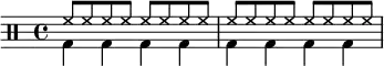 \drums<<{\hide\pp\repeat unfold16{hh8}}\\{\repeat unfold8{bd4}}>>