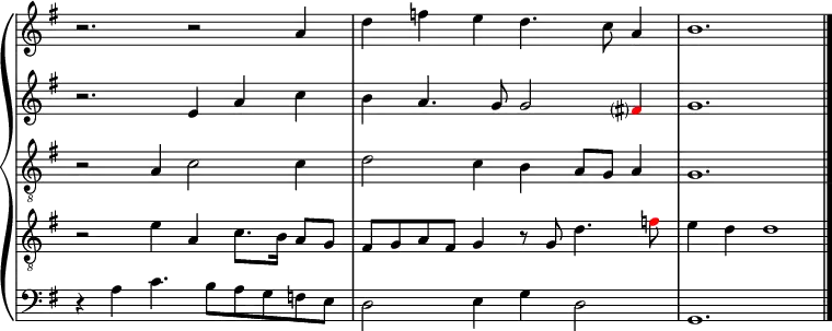 { \new GrandStaff <<
\new Staff \with {midiInstrument = "reed organ"} \relative c'' { \override Staff.TimeSignature.stencil = ##f \clef treble \key g \major \time 6/4 r2. r2 a4 | d f e d4. c8 a4 | b1. \bar "|." }
\new Staff \with {midiInstrument = "reed organ"} \relative c' { \override Staff.TimeSignature.stencil = ##f \clef treble \key g \major \time 6/4 r2. e4 a c | b a4. g8 g2 \once \override NoteHead.color = #red fis?4 | g1. }
\new Staff \with {midiInstrument = "reed organ"} \relative c' { \override Staff.TimeSignature.stencil = ##f \clef "treble_8" \key g \major \time 6/4 r2 a4 c2 c4 | d2 c4 b a8 g a4 | g1. }
\new Staff \with {midiInstrument = "reed organ"} \relative c' { \override Staff.TimeSignature.stencil = ##f \clef "treble_8" \key g \major \time 6/4 r2 e4 a,4 c8. b16 a8 g | fis g a fis g4 r8 g d'4. \once \override NoteHead.color = #red f8 | e4 d d1 }
\new Staff \with {midiInstrument = "reed organ"} \relative c' { \override Staff.TimeSignature.stencil = ##f \clef bass \key g \major \time 6/4 r4 a c4. b8 a g f e | d2 e4 g d2 | g,1. }
>> }
